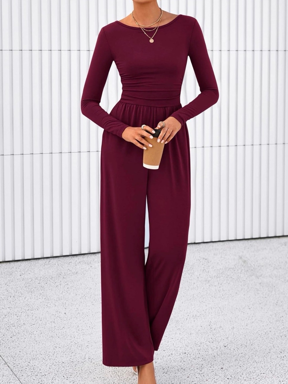 Long-Sleeve Wide-Leg Jumpsuit in Wine